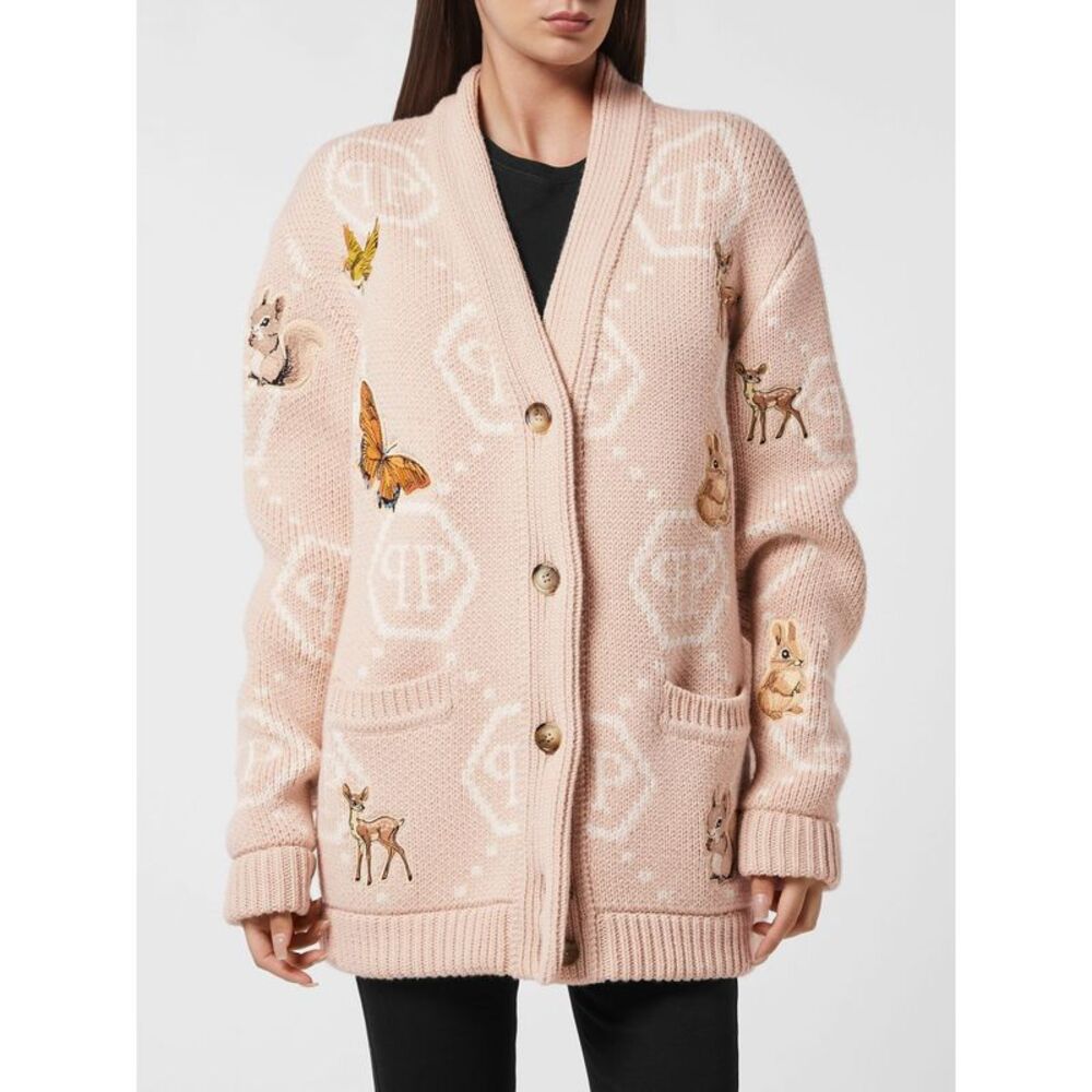 Fairy Jacquard Monogram Wool Blend V-Neck Cardigan Philipp Plein